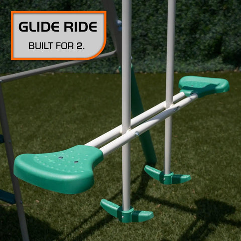 Outdoor Backyard Playset with Glide Ride for 2, vinyl coated chains, kid friendly play equipment in green and white.