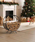 Heavy Duty 31-Inch Firewood Rack for Outdoor Use in cozy living room, round metal log holder with stacked firewood