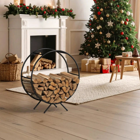 Heavy Duty 31-Inch Firewood Rack for Outdoor Use in cozy living room, round metal log holder with stacked firewood