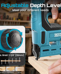 Lightweight Cordless Brad Nailer And Staple Gun With Battery Included showing adjustable depth levels for precise use in woodworking.