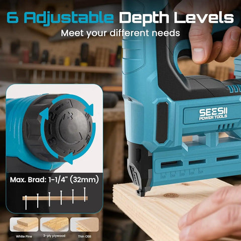Lightweight Cordless Brad Nailer And Staple Gun With Battery Included showing adjustable depth levels for precise use in woodworking.