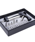 Stainless Steel Cookie Press Kit with Pro Grade 13 Cookie Molds and 7 Decorating Nozzles in a black storage tray.