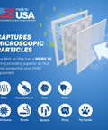 MERV 10 20x20x1 pleated air filter six pack for AC furnace and HVAC systems made in USA, filtering particles illustration