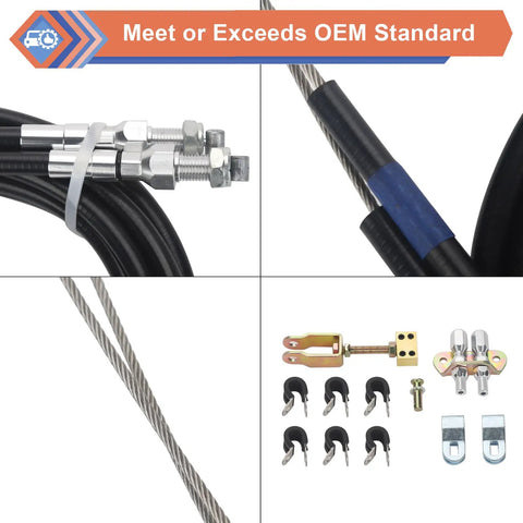 Universal Parking Brake Cable Complete Kit For Lokar Floor Mount showing cable ends, hardware, and fittings for installation.