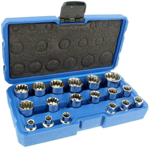 Built Tough 3/8 Inch Drive 18 Piece Penta Spline Socket Set Featuring High Polish Steel And Multi Pattern Heads in blue case.