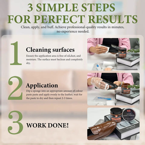 Premium Leather Recoloring Balm And Color Restorer Smooths Faded Couches Furniture Car Seats With Zero Hassle Scratch Repair Blend In Warm Tan Tone To Save Your Gear Fast application steps on a coffee table with shoes.