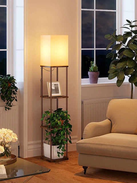 Floor Lamp With Shelves, Dual USB Ports And Built In Outlet, Remote Controlled, 3 Color Temperature LED Bulb, Display Lamp in living room