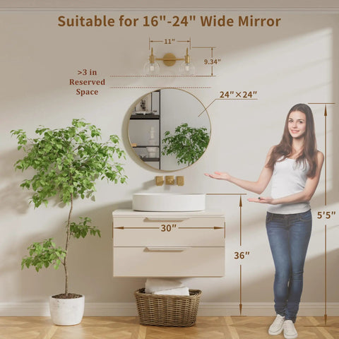 Two-Light Gold Bathroom Vanity Light Fixture With Clear Globe Shades, Modern Brushed Gold Wall Sconce Over Mirror Display