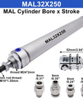 Compact 32mm Bore 250mm Stroke Pneumatic Air Cylinder Double Acting Single Rod With Y Connector And Two Quick Fittings MAL32X250