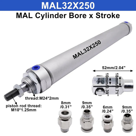 Compact 32mm Bore 250mm Stroke Pneumatic Air Cylinder Double Acting Single Rod With Y Connector And Two Quick Fittings MAL32X250