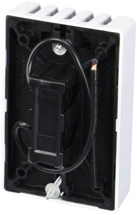 Back view of White Single Pole Wall Mount Thermostat for Electric Heaters, showing wiring and mounting setup.