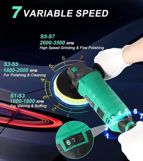 1600W Car Buffer Polisher With 7 Inch And 6 Inch Pads Pure Copper Motor Variable Speed 1000 To 3500 RPM in use on car
