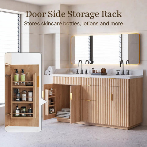 60 Inch Freestanding Double Sink Bathroom Vanity With White Quartz Countertop And Fluted Wood Finish showcasing side storage rack for lotions and skincare.