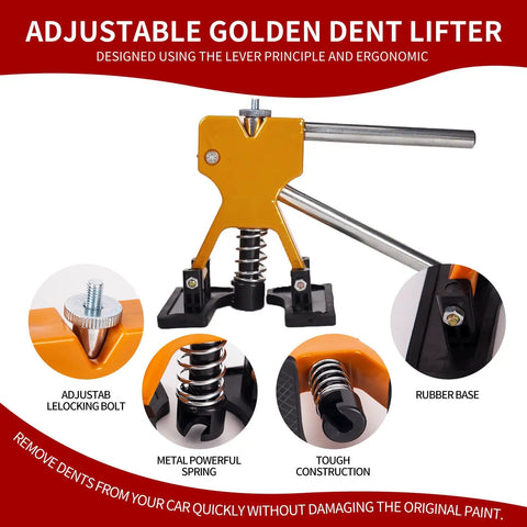 97 Piece Car Dent Repair Kit With Golden Lifter, Slide Hammer T-Bar, Bridge Puller, Paintless Dent Removal Tools, golden lifter close-up
