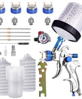 Straight Up Pro Quality HVLP Paint Spray Gun Delivers Hella Smooth Finishes With Four Stainless Steel Nozzles 1.4 To 2.5 Mm Plus Twenty Six Hundred Milliliter Disposable Cups And Adapter including stainless tips and accessories.