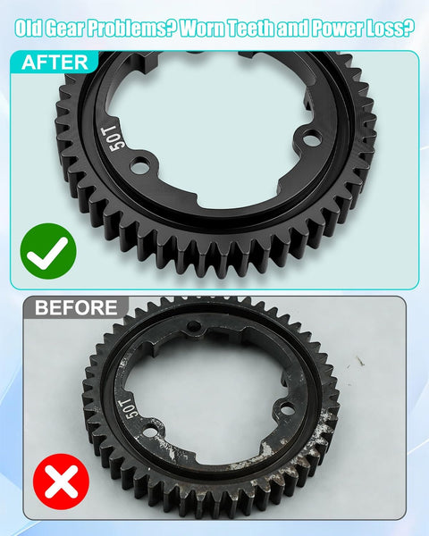 Comparison of old and new Beefed Up 50T M1.0 Hardened Steel Spur Gear With 20T Pinion Gear Upgrade Kit For Traxxas RC Cars.