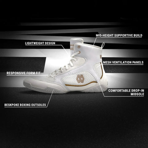 Mayweather Champ Boxing Shoes For Men And Women Unisex White Gold mid-height with mesh panels and bespoke outsoles for stability