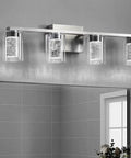 4 Light Brushed Nickel Crystal Vanity Light Fixtures With Dimmable LED Over Mirror in bathroom, upward mount view