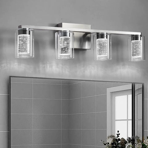 4 Light Brushed Nickel Crystal Vanity Light Fixtures With Dimmable LED Over Mirror in bathroom, upward mount view