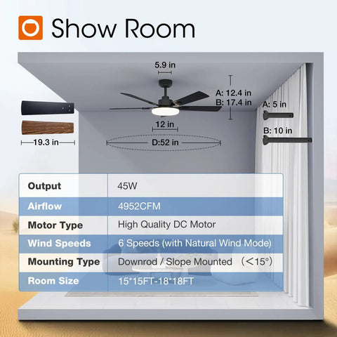 52 Inch Black Ceiling Fan With Lights Remote And Reversible Blades 3 CCT Dimmable Whisper Quiet DC Motor in room display