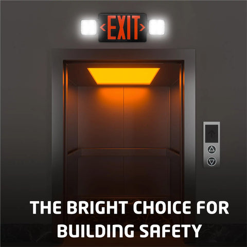 Ultra Bright LED Exit Sign With 90 Minute Battery Backup and emergency lights above elevator doors in a dark corridor