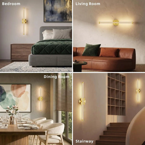 JTsupliight Wall Sconces Set of Two, 22.17" Rechargeable Wall Lights, Gold displayed in various room settings.