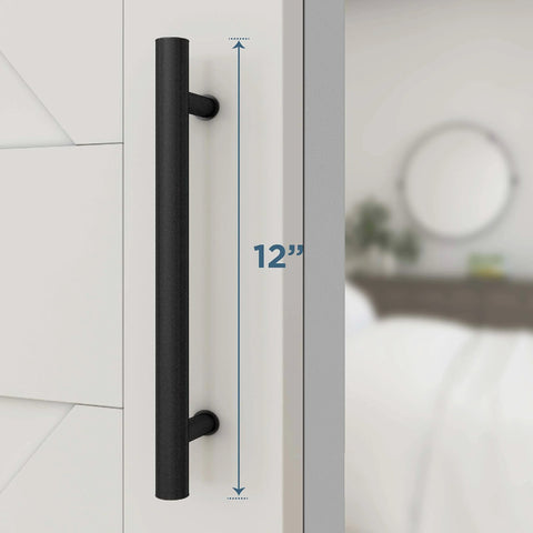 Madison Barn Door Pull Handle Matte Black 12 Inch For Wood Interior Doors Modern Farmhouse Hardware installed on door