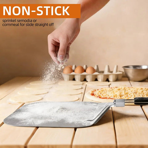 Baker using aluminum peel to prepare pizza dough with eggs, cheese, and toppings, featuring Must Have Pizza Peel Set With Cutter Rocker.