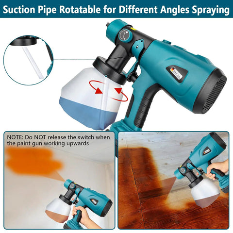 Boss Level Cordless Paint Sprayer Built Tough For Makita 18V Batteries 1000Ml Hvlp Tank showing rotatable suction pipe for angled spraying.