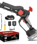 8 Inch Cordless Mini Chainsaw With Brushless Motor And Auto Tension shown with battery and accessories
