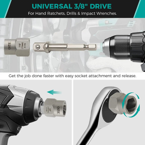 Impact Bolt Extractor Set For Stripped Rounded Bolts And Lug Nuts, Three-Eighths Inch Drive, showing 3/8 in drive attachment