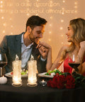 Couple dining with two pack LED flameless candles with realistic flicker flame, battery operated and batteries included