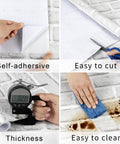 White Brick Peel And Stick Wallpaper No Fuss Self Adhesive Removable Contact Paper For Walls And Backsplash Waterproof And Easy To Clean 17.7 Inch By 393 Inch Roll Great For DIY Home Decor shown being measured, cut, and cleaned.
