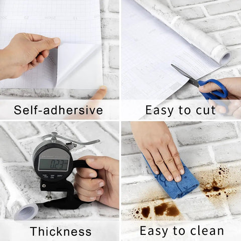 White Brick Peel And Stick Wallpaper No Fuss Self Adhesive Removable Contact Paper For Walls And Backsplash Waterproof And Easy To Clean 17.7 Inch By 393 Inch Roll Great For DIY Home Decor shown being measured, cut, and cleaned.