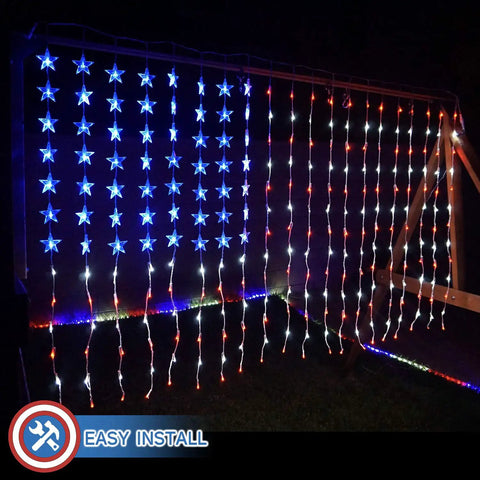 Patriotic Flag Curtain Lights With Stars 6 Ft By 3.5 Ft Outdoor Indoor Waterproof LED String Lights For Fourth Of July Parties 260 LEDs