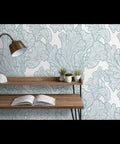 Premium Neutral Tropical Textured Vinyl Wallpaper Hella Durable Commercial Grade Wallcovering Custom Printed Paste Finish Smooth Leather Texture For Home Refresh with blue leaf pattern.