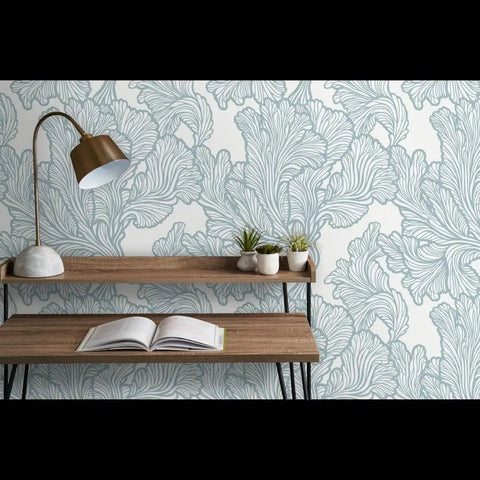 Premium Neutral Tropical Textured Vinyl Wallpaper Hella Durable Commercial Grade Wallcovering Custom Printed Paste Finish Smooth Leather Texture For Home Refresh with blue leaf pattern.
