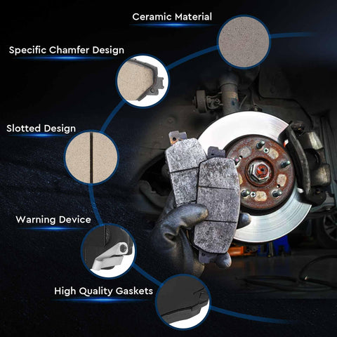 Ceramic brake pads set (front/rear) with hardware; installed, disc rotor visible