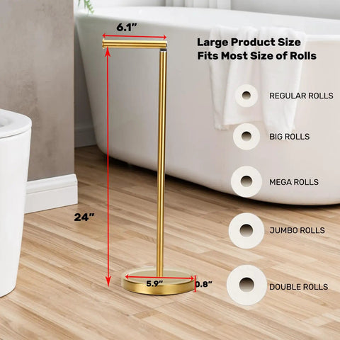 Gold Freestanding Toilet Paper Holder With Heavy Marble Base Rustproof SUS304 Stainless Steel Gold Brushed Finish showing dimensions