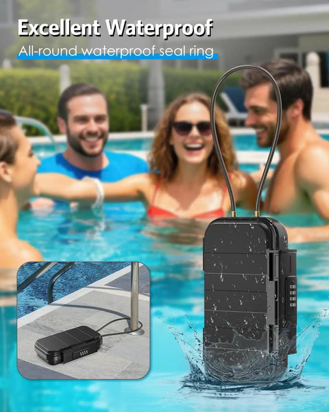 Portable Safe Box With Combo Lock, Waterproof Anti Theft Security Case shown by a pool with people in the background