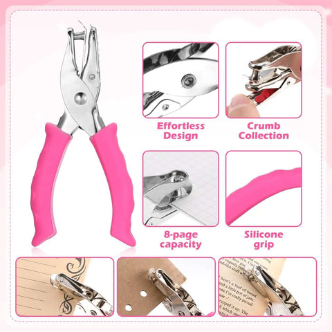 Dual Size Circle Hole Punch with one quarter inch and one eighth inch holes for paper crafts and scrapbooking, pink soft grip