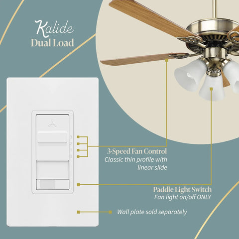 All In One Wall Light And Three Speed Ceiling Fan Control Combo With Slider For Lights And Fan, Single Pole, 720W, 2.5A, White