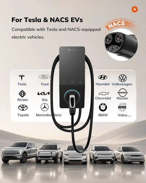 Top Shelf Level 2 Electric Charger 50 Amp 240V Nacs Plug Hardwired with vehicle compatibility for Tesla and NACS EVs.