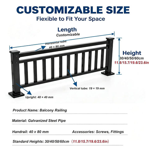 Heavy Duty Galvanized Steel Balcony Railing Extension Kit Rock Solid Fence Height Extender detailed dimensions and materials.