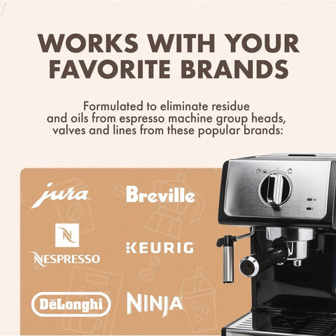 Image showing compatibility of Professional Espresso Machine Cleaning Powder For Backflush And Deep Cleaning Removes Coffee Oils And Residues From Group Heads Valves And Lines 566 Grams Two Pack Made In USA For Daily Use with various brands of espresso machines.