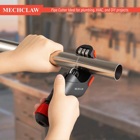 MechClaw heavy-duty tube cutter, black and red, front view gripping a metal tube.
