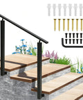 Adjustable Outdoor Stair Handrail Built Tough With Heavy Duty Galvanized Steel For Secure Porch And Deck Use Featuring Smooth Angle Alignment And No Sweat Side Mount Installation mounted on wooden steps with hardware pack.