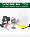Carburetor Replacement For 128LD 128CD 128L 124C 124L 128C 128LDX 125L 125C 125LD 125R 125RJ 128R 128RJ 128DJX String Trimmers Replaces Zama C1Q W38 545081850 Easy Install And Durable with installation tools and gaskets on white background.