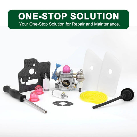 Carburetor Replacement For 128LD 128CD 128L 124C 124L 128C 128LDX 125L 125C 125LD 125R 125RJ 128R 128RJ 128DJX String Trimmers Replaces Zama C1Q W38 545081850 Easy Install And Durable with installation tools and gaskets on white background.