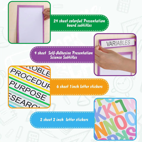 36 Sheets Science Fair Poster Boards Kit With 24 Self Adhesive Subtitles, 4 Project Title Sheets, 8 Colorful Letter Stickers